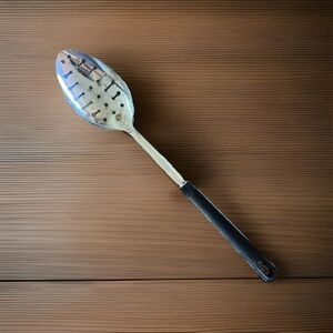 Vintage Ekco Stainless Steel Slotted Serving Spoon Black Plastic Handle 12" USA